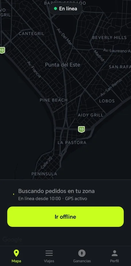 Mapa con rider en línea en la app