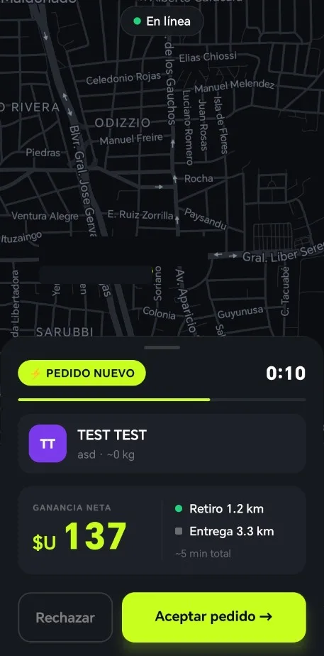 Oferta de pedido con ganancia neta visible en la app rider