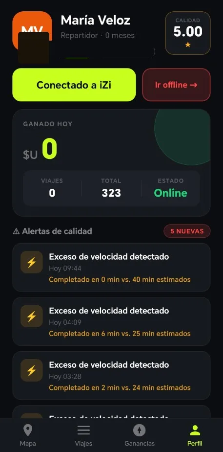 Perfil del rider en la app